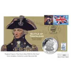 Click para ampliar. Pulsa en el nombre para ver la ficha. Sello y moneda del bicentenario de Trafalgar